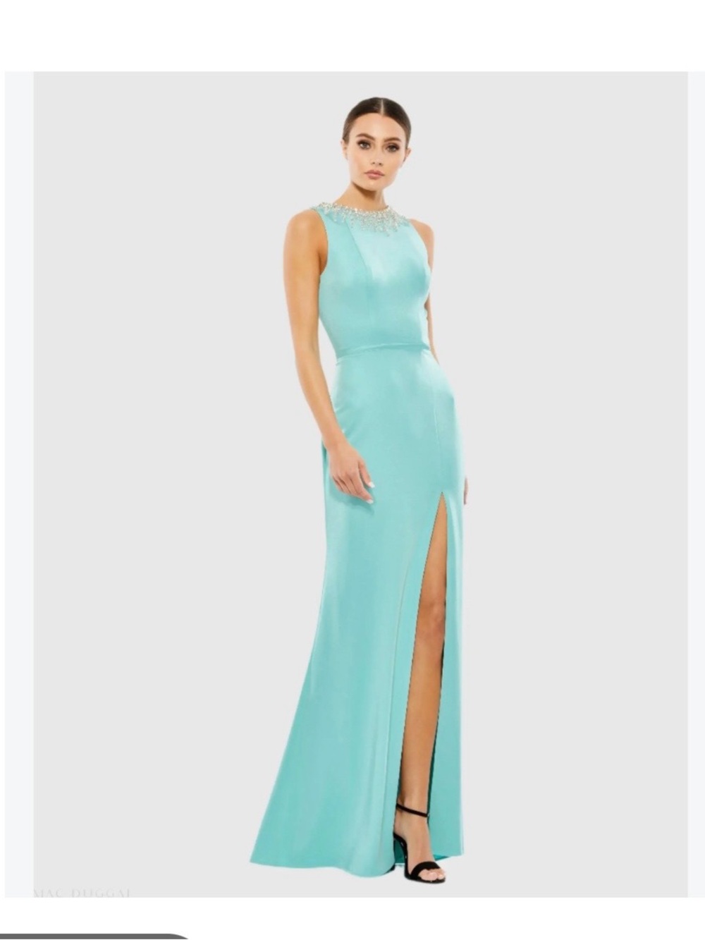 Ieena Mac Duggal Beaded Neck light Aqua Column Evening Gown Sz 2